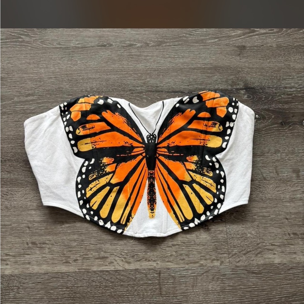 Fashion Nova White Strapless Top with Orange Butterfly Graphic
